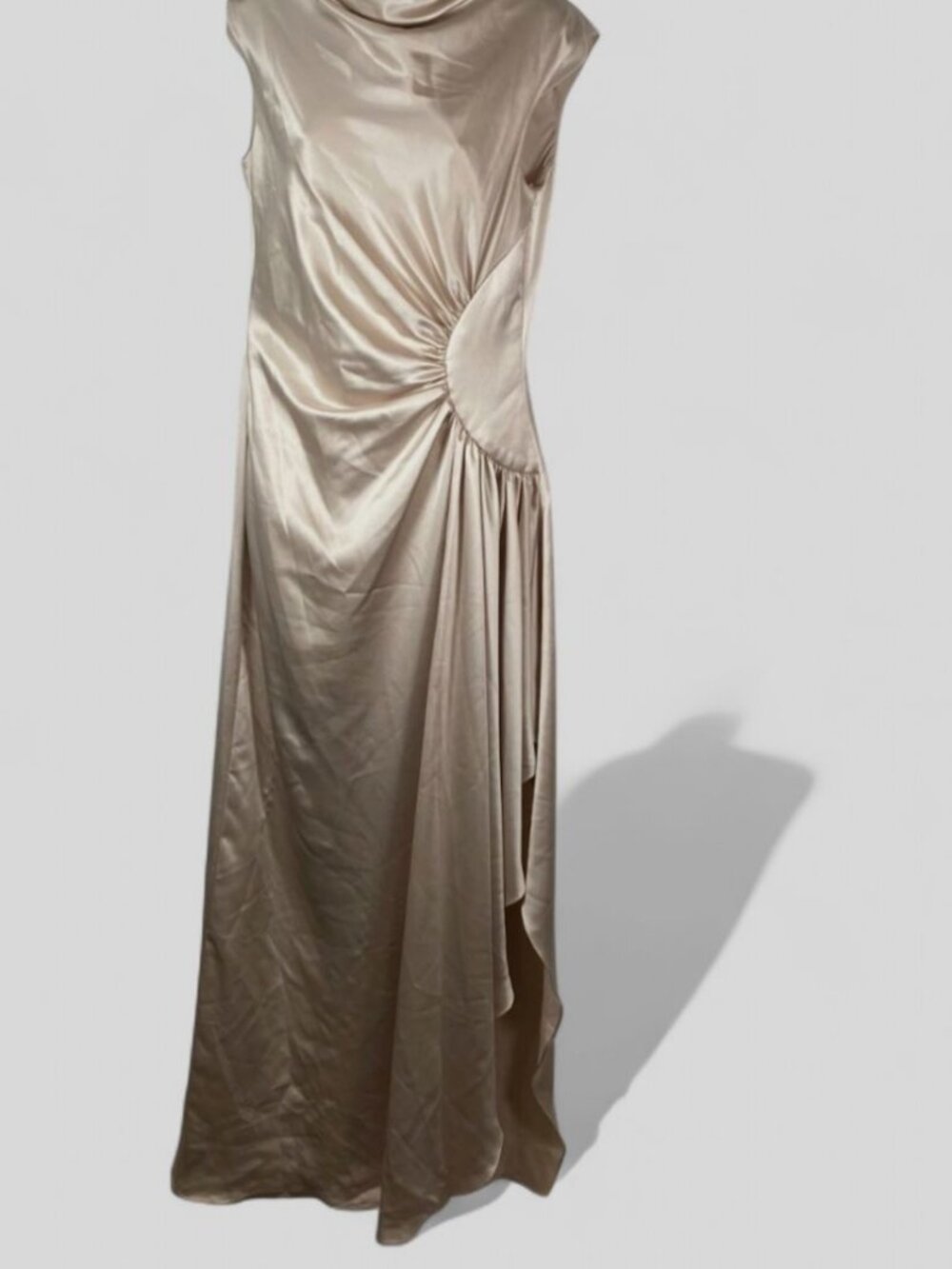 Amsale Women's Beige Half Moon Asymmetric Cowl Neck Satin Gown Dress Size 8